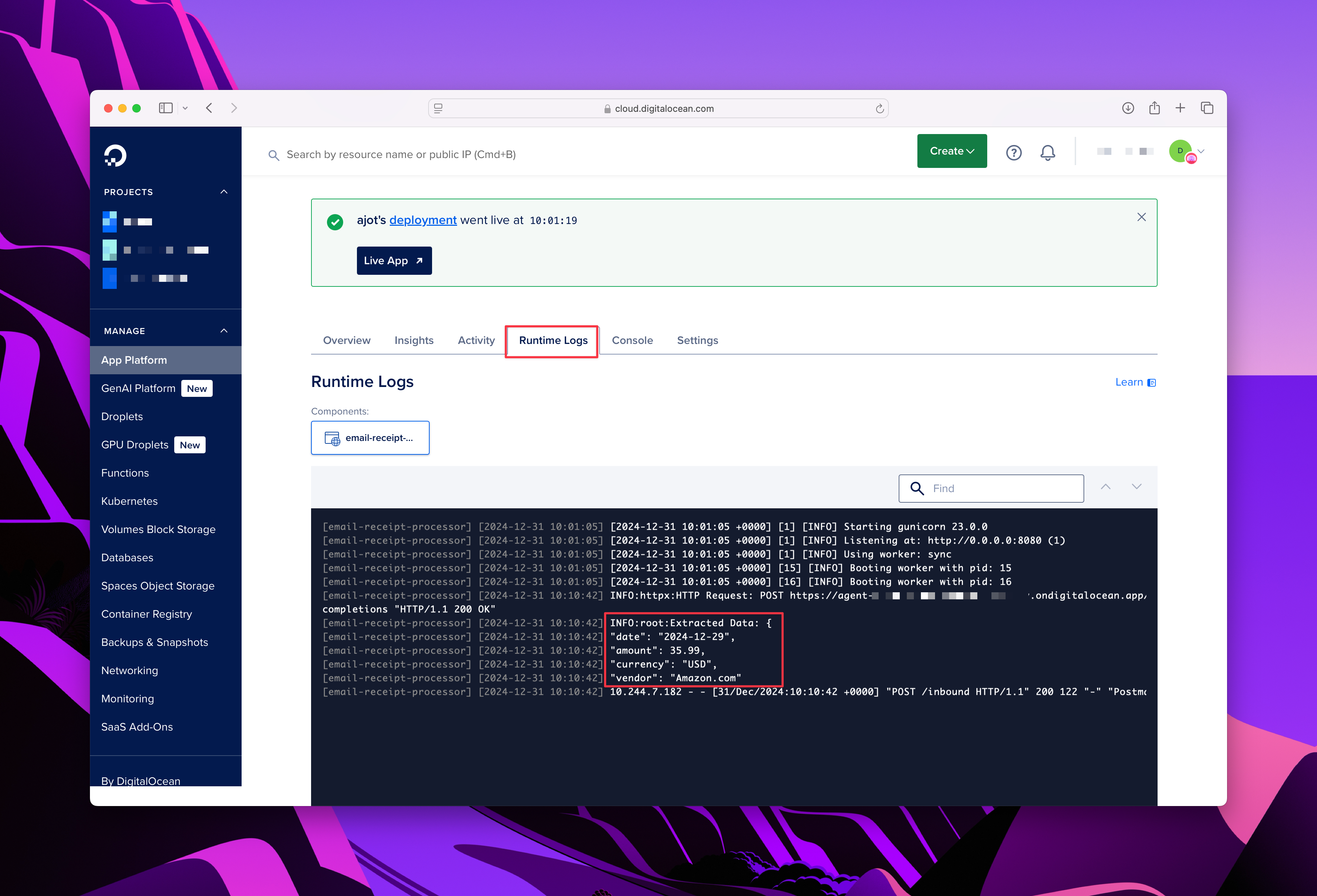 DigitalOcean runtime logs showing application output